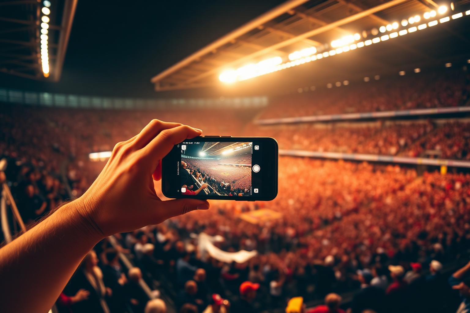 Sports content creator filming inside a packed stadium
